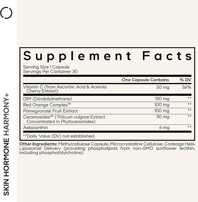 Codeage Skin Hormone Harmony+ Supplement – Skin Hair Support with Ceramosides Red Orange Complex Diindolylmethane Astaxanthin Vitamin C Ascorbic Acid Liposomal Delivery – Non-GMO – 30 Capsules