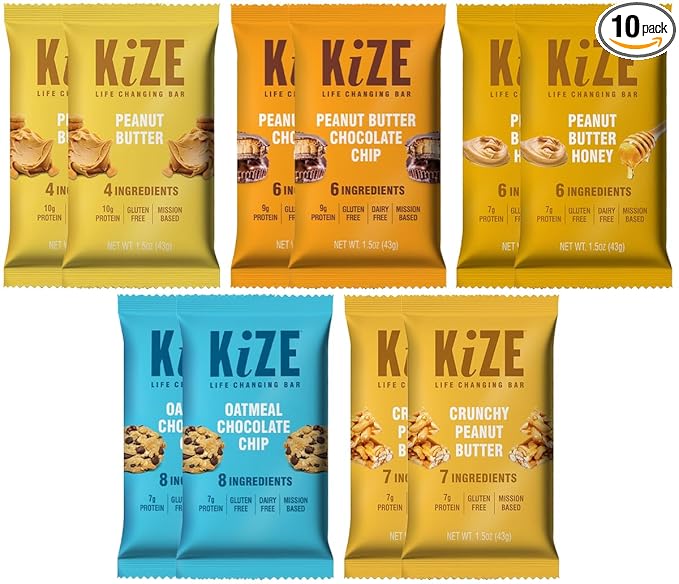 KiZE Energy Bars - Peanut Butter Lovers Variety Pack - Gluten Free Dairy Free Options Non-GMO and High Protein Meal Replacement Energy Bars Clean and Simple Food Ingredients - 7-10g High Protein S