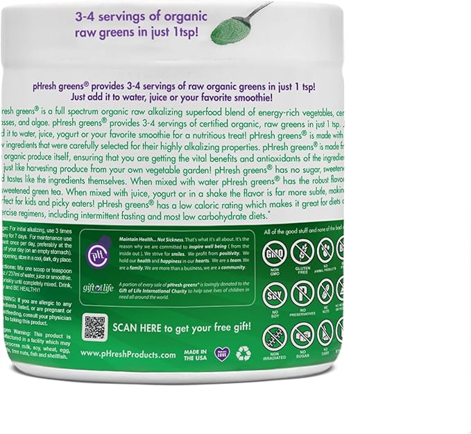 pHresh Greens Raw Alkalizing Superfood Greens Powder - 1 Month Supply | Gluten-Free | Natural Enzymes | Raw Nutrients | Approved for Intermittent Fasting and Keto Diets | 5 Ounces