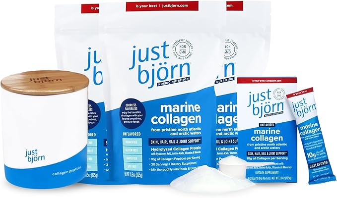 Just Bjorn Marine Collagen Peptide Powder Starter Kit Marine Collagen Peptide Powder On-The-Go Stick Packs (10 Sticks per Pack) | Skin Hair Nail and Joint Support + Hyaluronic Acid