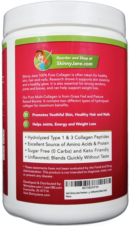 Skinny Jane Collagen Peptides Powder - Rejuvenates Skin - Healthy Hair and Nails -Supports Joints - Keto Friendly Zero Carbs - Unflavored - 35 Servings