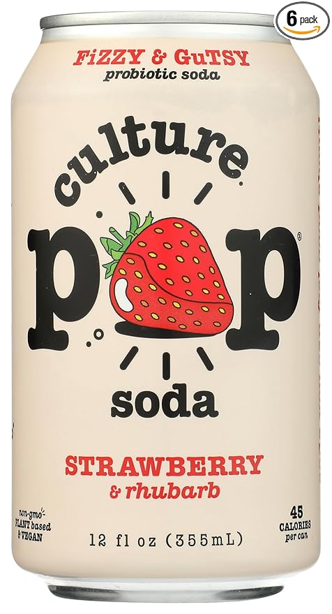Culture Pop Strawberry &amp Rhubarb Flavored Probiotic Soda 4 Packs Gluten Free Non GMO 48 Fluid Ounces (Pack Of 6)