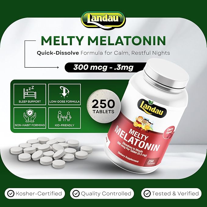LANDAU 0.3mg-300 mcg Melty Melatonin for Kids &amp Adults – Easy-to-Take Fast-Dissolving Helps You Fall Asleep Faster – Kosher Made in The USA – 250 Tablets Cherry Flavor