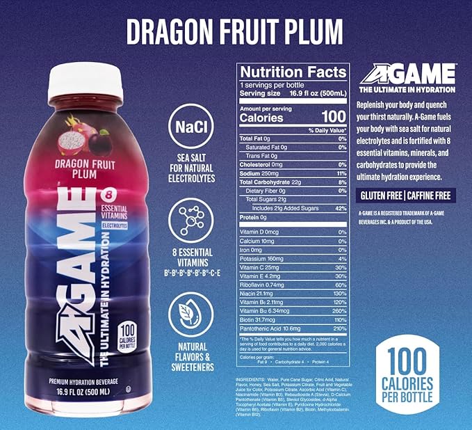 A-GAME Sports Drink Dragon Fruit Plum The Ultimate Hydration Sports Beverage for Athletes 8 Essential Vitamins including B C &amp E plus Natural Sea Salt Electrolytes All Natural Flavors &amp