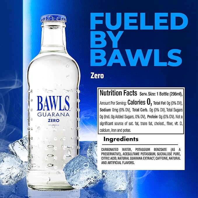 BAWLS Guarana Zero BAWLS Guarana Drink Guarana Soda Guarana Fueled Soda for Energy High Energy Caffeinated Drink 10oz 24 Pack Glass Bottles