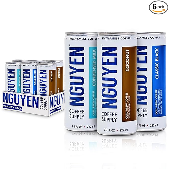 Nguyen Coffee Supply - Variety Pack: Vietnamese Cold Brew Iced Coffee (Condensed Milk Coconut Classic Black) 100% Robusta 7.5 fl oz cans [6 Pack]