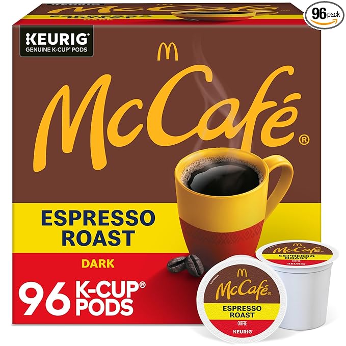McCafe Espresso Roast Coffee Keurig Single-Serve K-Cup Pods 96 Count (4 Packs of 24) Dark Roast Made with Arabica Beans Bold Flavor with Bittersweet Chocolate &amp Toasted Nut Notes