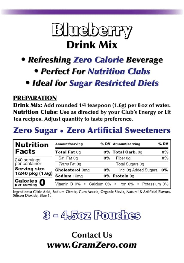 GramZero Blueberry Zero Calorie Sugar Free Drink Mix Great For Nutrition Club Loaded Teas Stevia Sweetened