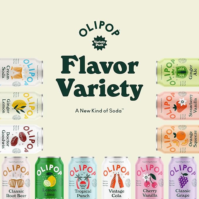 OLIPOP - Taste Test Pack 12-Flavor Soda Variety Pack Healthy Soda Prebiotic Soft Drinks Supports Digestive Health &amp Gut Health High Fiber Low Calorie Low Sugar (12 oz 12-Pack)
