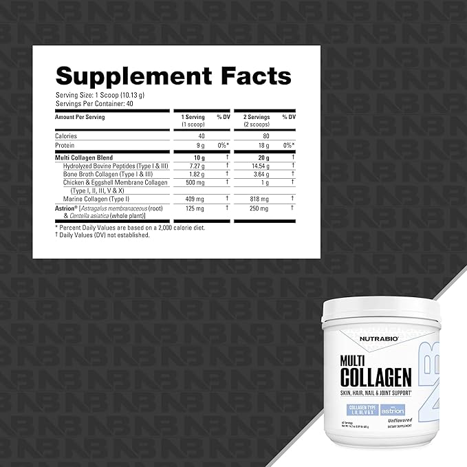 NutraBio Multi Collagen Powder - Hydrolyzed Collagen Peptides for Glowing Hair &amp Skin - Grass-Fed - Collagen Powder for Women and Men - 40 Servings
