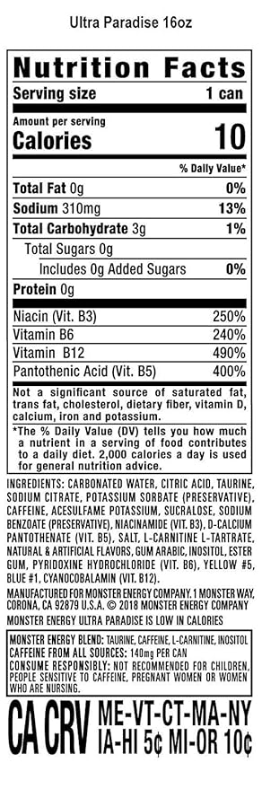 Monster Energy Ultra Zero Sugar Energy Drinks 16 ounce cans (Ultra Paradise 6 Cans)