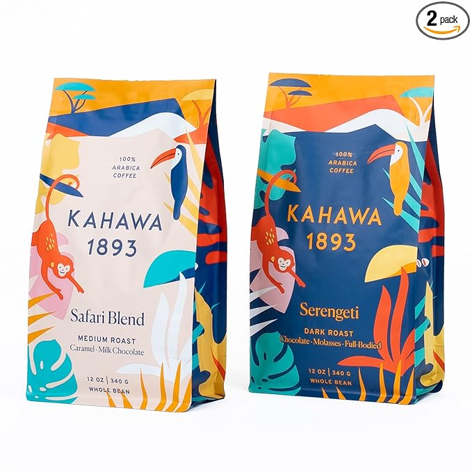 Kahawa 1893 Whole Bean Coffee Combo Pack Safari &amp Serengeti Blend (12 Oz x 2) - As Seen on Shark Tank High Antioxidants Naturally Sweet Organically Grown Ethically &amp Sustainably Sourced