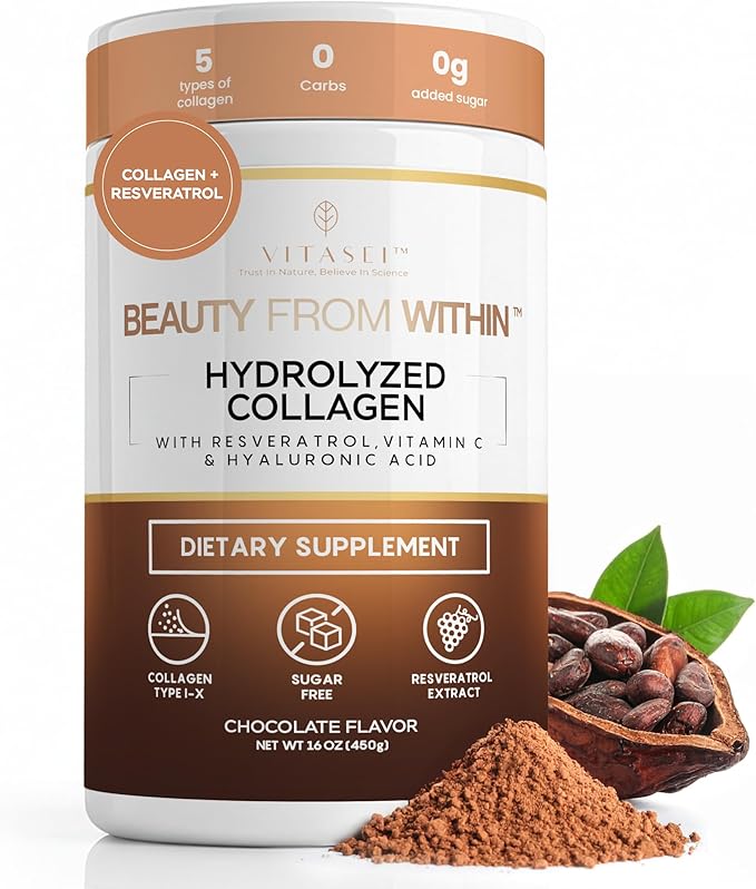 VITASEI Hydrolyzed Collagen Peptides Powder with Resveratrol &amp Vitamin C – Hair Skin Nails &amp Joint Support – Colágeno Hidrolizado for Women &amp Men – Delicious Chocolate Flavor 16 oz (30