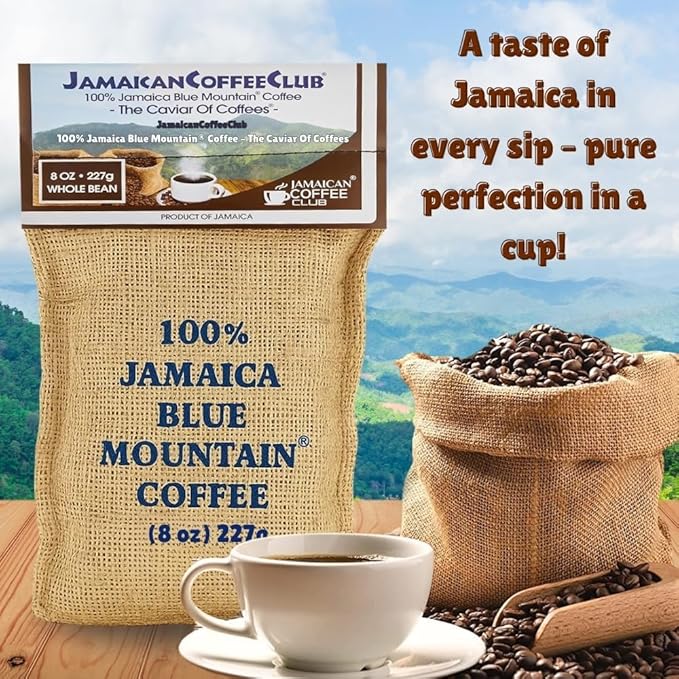 JamaicanCoffeeClub 100% Blue Mountain Whole Bean Coffee WB 8oz Jamaican Roasted Beans Smooth Rich Flavor Handpicked Gourmet Beans Bold Medium Roast Fresh Pack Premium Jamaican Coffee