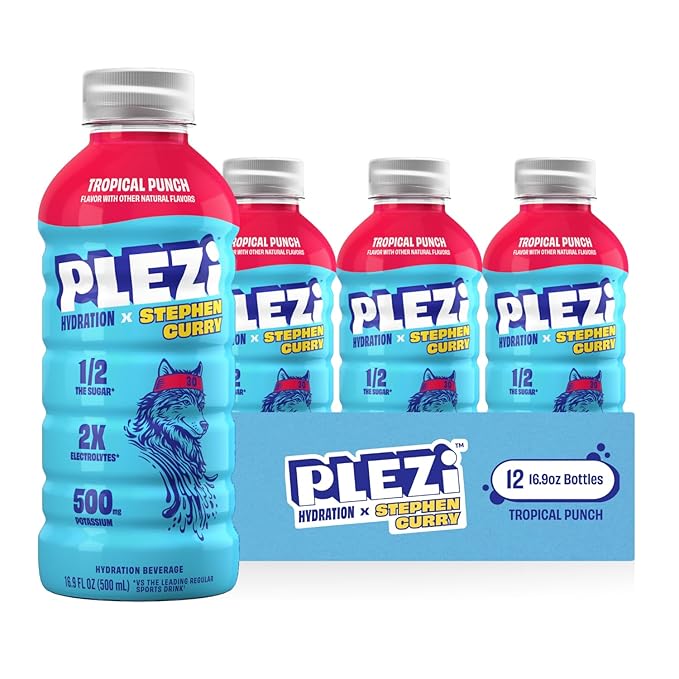 PLEZi Hydration Drink Bundle – Orange Mango &amp Fruit Punch x Stephen Curry – Sports Drinks with 2X Electrolytes 500mg Potassium No Added Sugar – 16.9 Fl Oz (24 Pack Total)
