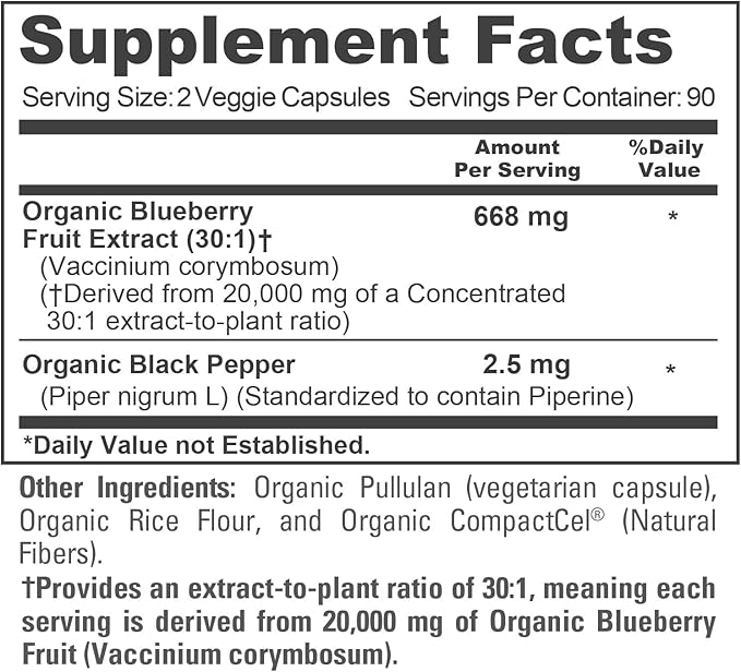NusaPure Blueberry Concentrate 30:1 Extract 667 mg Equivalent to 20000 mg 180 Veg Caps Suitable for Vegetarian Vegan Non-GMO