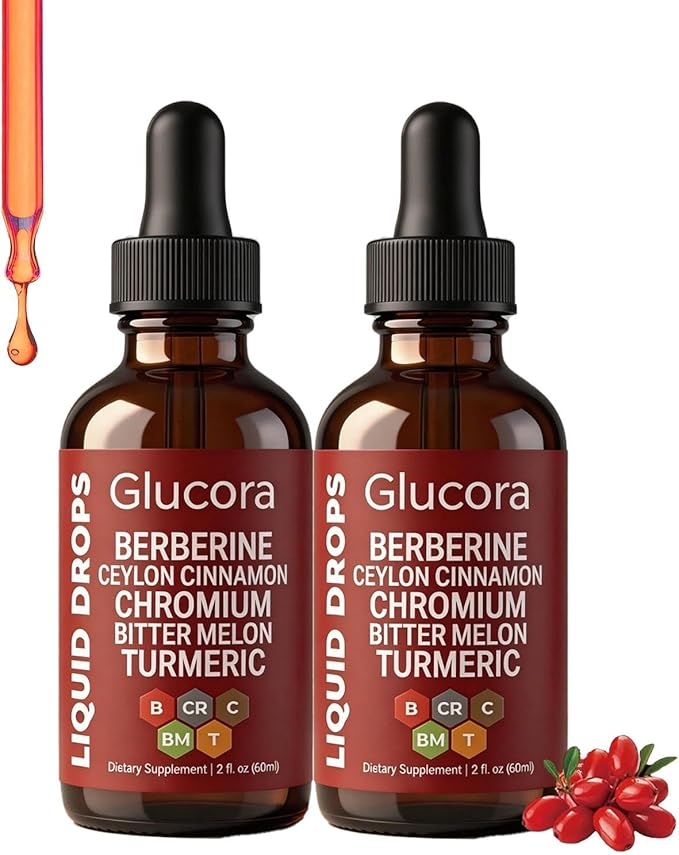 Glucora gotasGlucora Ceylon Cinnamon Berberine Liquid Drops - with Bitter Melon Extract Turmeric Chromium GymnemaOrganic Panax Ginseng&amp Moringa – Vegan Non-GMO - 2 Fl Oz (60 ML)(2pcs)
