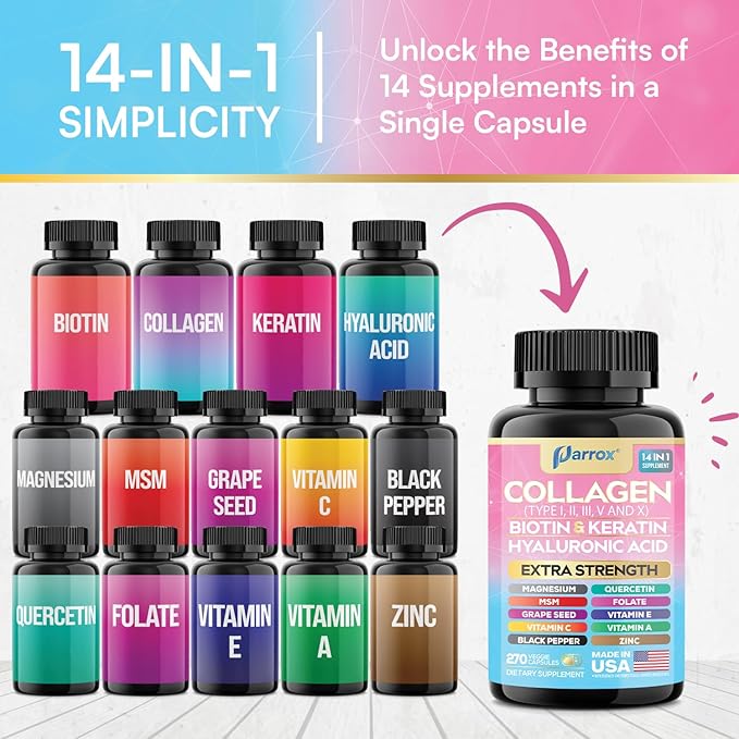 Collagen Peptides Types I II III V &amp X MCG Biotin Keratin Hyaluronic Acid MSM Zinc Grape Seed Extract Quercetin Vitamin A Vitamin C Vitamin E Magnesium Folic Acid (270 Capsules)