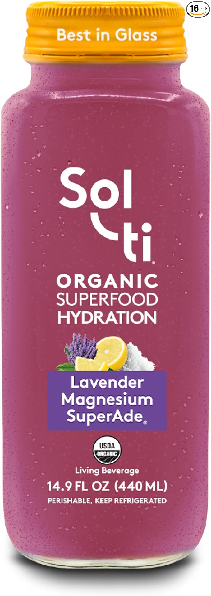 Organic SuperAde Hydration Drink Digestive Health + Balanced Mood SuperFood Lemonade by Sol-ti Cold-Pressed Lavender Magnesium &amp Lemon Juice Blend16 Pack (14.9 Fl oz)