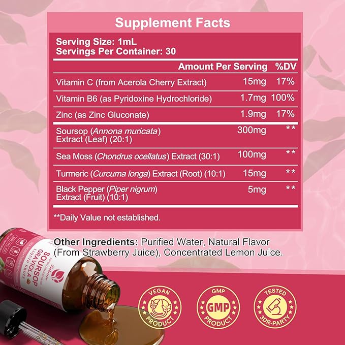 (2 Pack) Soursop Graviola Leaf Extract Liquid Drop Plus Pure Botanical Sea Moss for Cell Support &amp Regeneration Immunity and Gut Health Soursop Bitters Liquid丨Full TextureStrawberry Flavor1 Fl