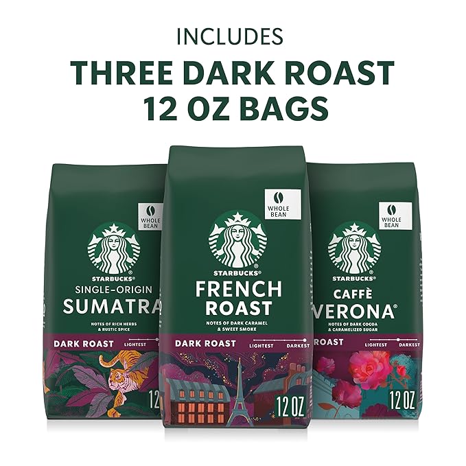 Starbucks Whole Coffee Beans Dark Roast Hot or Iced Coffee Variety Pack Three 12 oz Bags