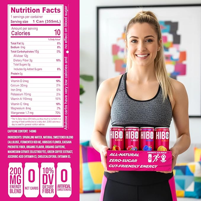 HIBO Healthy Energy Drinks Sugar Free – Gluten-Free &amp Gut-Friendly Prebiotic Fiber w/140mg Caffeine &amp 60mg Green Coffee Extract Electrolytes – For Immunity &amp Focus - Pack of 12 Black Che