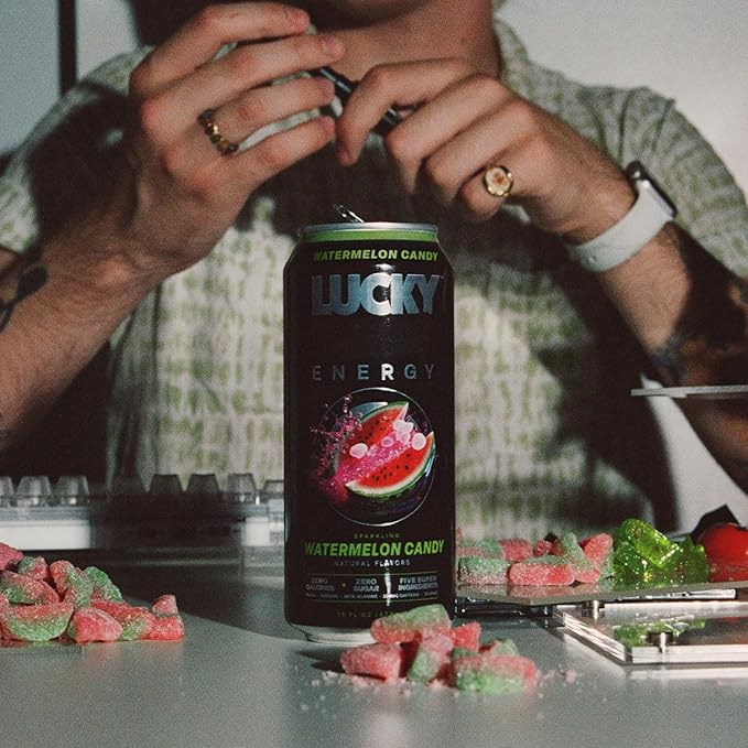 Lucky Energy Sugar Free Energy Drinks Watermelon Candy 16oz Cans (12-Pack) Healthy Zero Sugar Energy Drink with Maca Ginseng Beta-Alanine Taurine &amp 200mg Caffeine