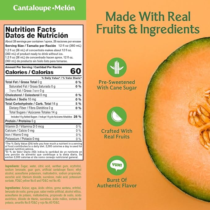 Frutiva Authentic Cantaloupe Drink Mix | Made in Mexico with Cane Sugar | Aguas Frescas Concentrate Makes 2.6 Gallons Per Bottle | No High Fructose Corn Syrup | Perfect for Drinks Desserts &amp More