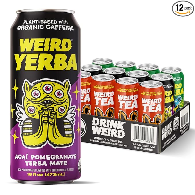 Drink Weird Best Sellers Variety Pack - Acai Pomegranate Yerba Mate White Peach Oolong Tea Mystical Mint Yerba Mate. 12pk of 16oz Cans. Better Energy Drink Alternative.
