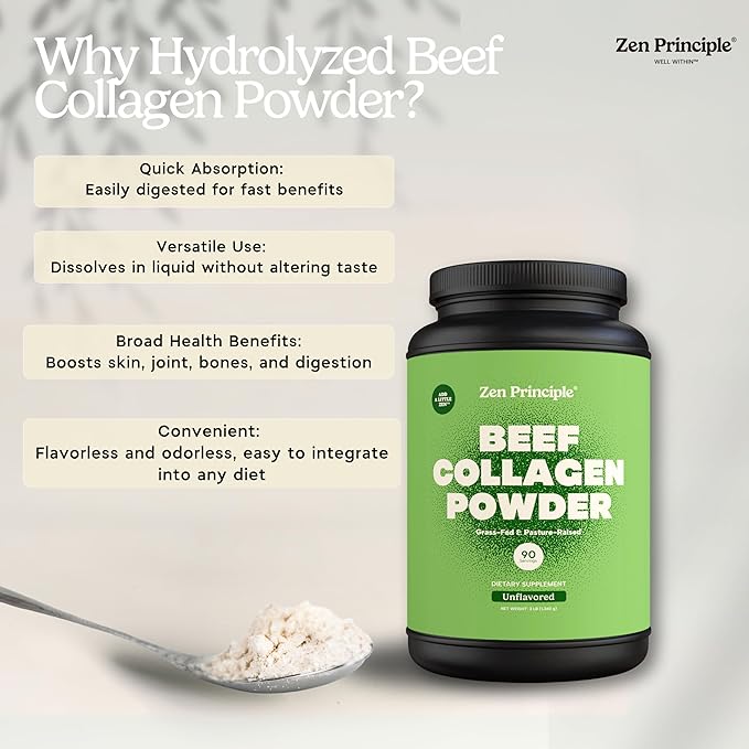 Zen Principle Grass-Fed Agglomerated Hydrolyzed Collagen Peptides 3 lb. Anti-Aging Protein Powder for Healthy Hair Skin &amp Joints. Paleo and Keto Friendly GMO and Gluten Free Pasture-Raised Bovi