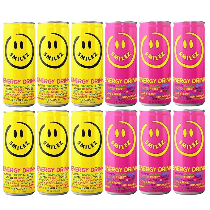 Smilez Energy Drink Variety Pack Tropical Citrus/Island Berry 12 Fl Oz Cans (Pack of 12)