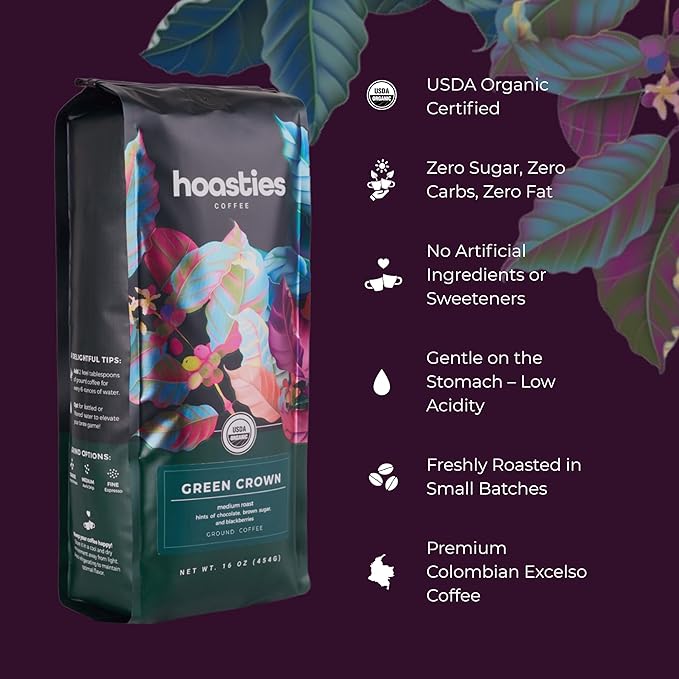 Hoasties Coffee Green Crown - USDA Organic Medium Roast Whole Bean Coffee 100% Colombian Arabica Pesticide &amp Chemical-Free 16 oz