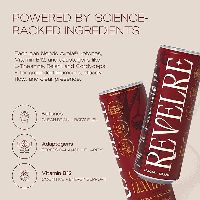 Revelre Functional Social Tonic with Ketones and Adaptogens - Mindful Blend for Focus and Calm - Ketones Magnesium B12 Reishi &amp Cordyceps Mushrooms - Non Alcoholic - Cherry Limeade 12 oz (4 Pa