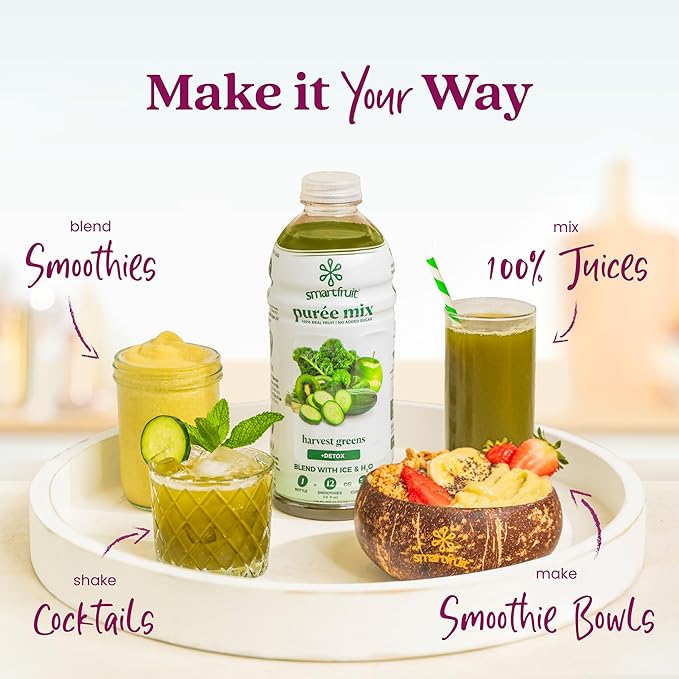 Smartfruit Harvest Greens + Detox – 100% Real Fruit Purée with Kiwi Cucumber Kale Spinach Lemongrass Apple Banana – Great for Smoothies Juice Yogurt Cocktails Teas &amp More – 48oz