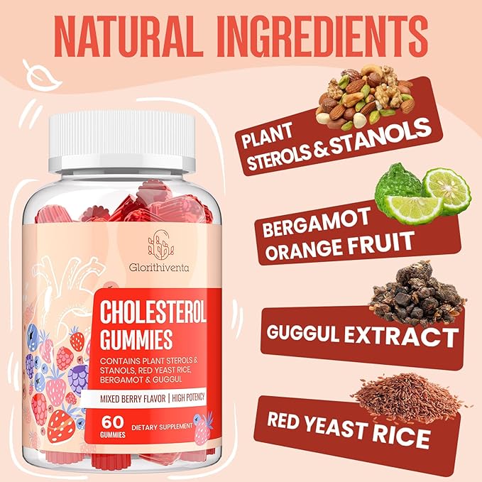 Cholesterol Supplement with Plant Sterols &amp Stanols Guggul Bergamot Orange Extract Red Yeast Rice Plant Sterols Complex Gummies Mixed Berry Flavor 60 Counts