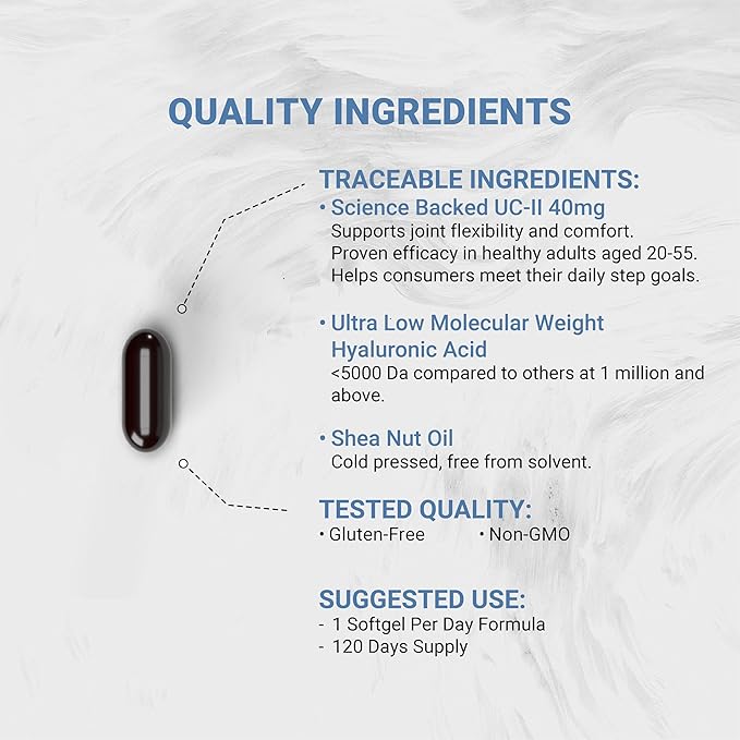 Naturalis UC-II 40 mg with Hyaluronic Acid and Shea Nut Oil | Enhanced Undenatured Type II Collagen for Better Joint Health Mobility &amp Flexibility | Gluten-Free &amp Non-GMO | 120 Softgels