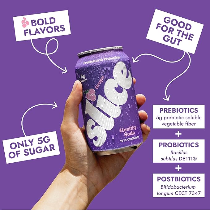 Slice Healthy Soda Grape Prebiotic &amp Probiotic Soda Pop 5g Fiber 40 calories 12 fl oz 12 Pack