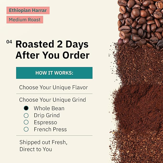 Ethiopian Harrar Coffee French Press Grind Medium Roast 5LB – Single Origin Fair Trade Specialty Beans with Chocolate &amp Fruity Notes Fresh Roasted to Order