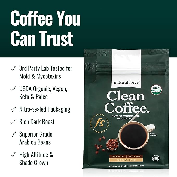 Natural Force - Organic Clean Coffee Dark Mold &amp Mycotoxin Free Lab Tested for Toxins &amp Purity Low Acidity Incredible Taste &amp Aroma Founder's Select Whole Bean Dark Roast 12 oz