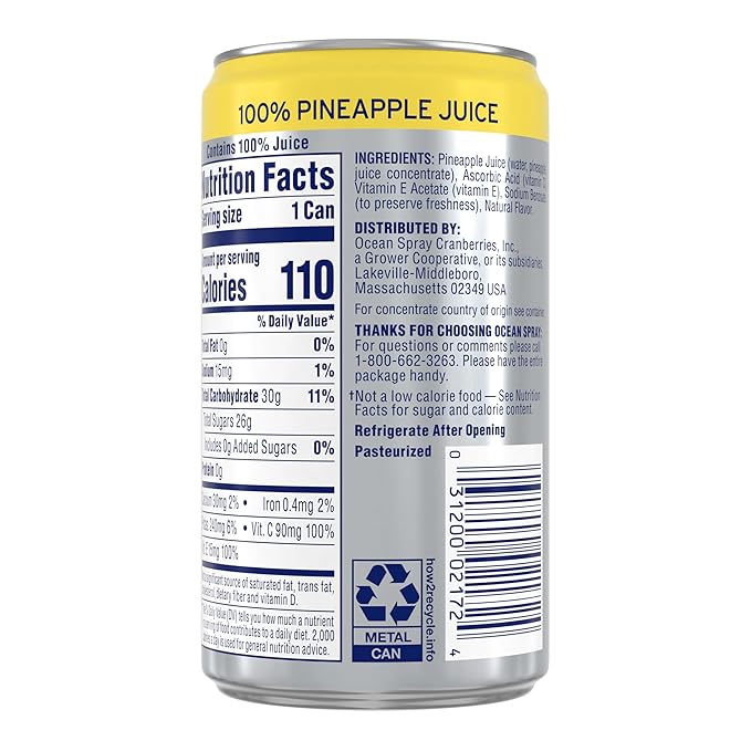 Ocean Spray 100% Pineapple Juice 7.2 oz Cans (Pack of 24)