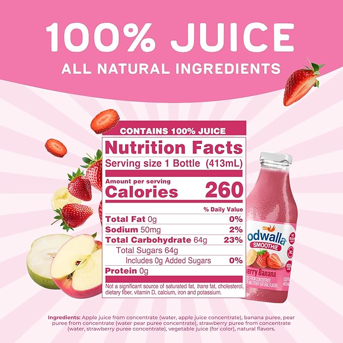 Odwalla Smoothie - Fruit Smoothie Mix Ready to Drink Juice Blend No Added Sugar No preservatives - 13.9 oz Glass Bottles - Strawberry Banana