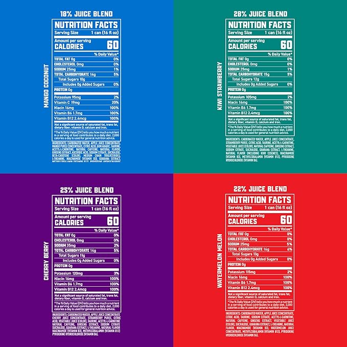 Gorilla Energy Drink Variety Pack 200mg Natural Caffeine Real Fruit Juice Squeezed &amp Concentrated L-Theanine Taurine Ginseng Acetyl L-Carnitine No Added Sugar and No Artificial Colors 12