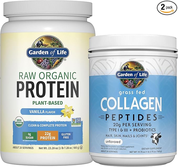 Garden of Life Power Bundle – Collagen Peptides Powder for Hair Skin Nails &amp Joints Unflavored 28 Servings + Vegan Vanilla Protein Powder with BCAAs Probiotics &amp Enzymes 20 Servings