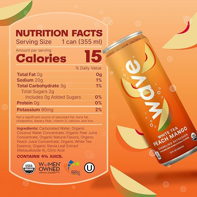 WAVE Sparkling Refreshers | Sparkling Juice | Organic Hydration | Low Calorie Drink | Lightly Carbonated Soda Alternative | No Added Sugar No Preservatives or Artificial Ingredients |12 Pack (White T