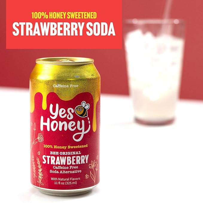 Yes Honey Soda Strawberry 11oz (12-Cans) 100% Honey-Sweetened Healthy Soda Alpha Gal Friendly Gluten Free Caffeine Free No Added Sugar