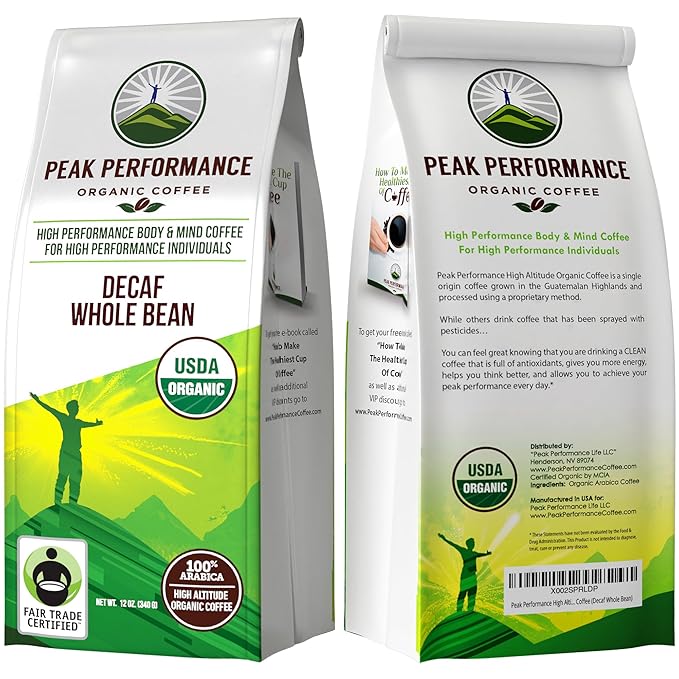 Peak Performance High Altitude Organic Decaf Coffee - Fair Trade Low Acid Non GMO Beans Full of Antioxidants - Medium Roast Smooth Tasting USDA Certified Organic Decaffeinated Whole Bean 12 oz
