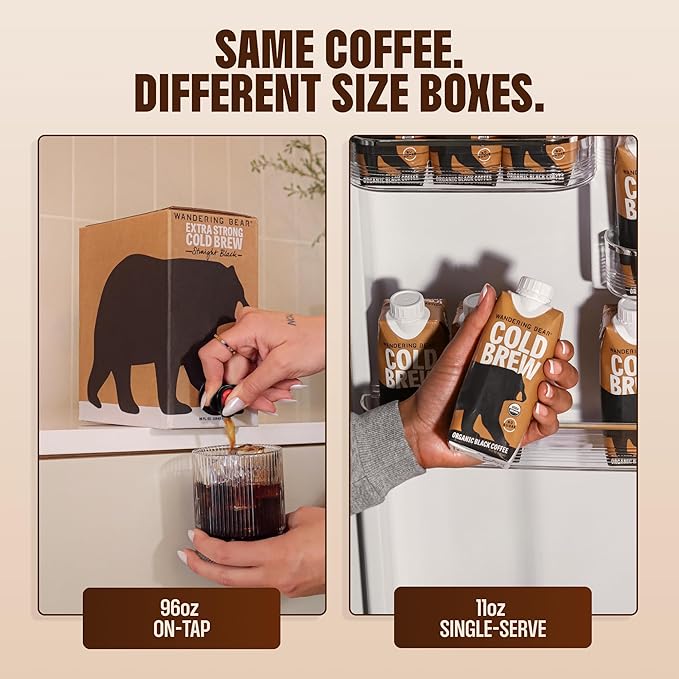 Wandering Bear Organic Unsweetened Extra Strong Cold Brew in a Box - Make Your Own Iced Coffee Drink with Wandering Bear Black Concentrate Shelf-Stable &amp Vegan - 21 Servings - 32 fl.oz