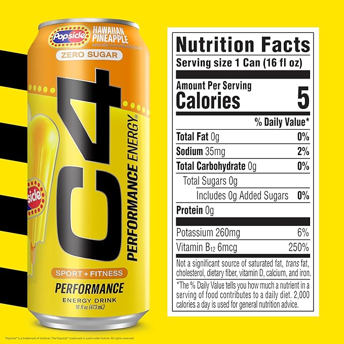 Cellucor C4 Energy Drink x Hawaiian Pineapple Popsicle Carbonated Sugar Free Pre Workout Performance Drink with no Artificial Colors or Dyes 16 Oz Pack of 12