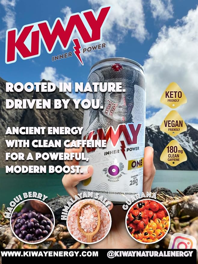 Ki-Way Natural Energy Drink Maqui Berry Natural Caffeine Guarana No Added Sugar No Artificial Colors or Sweeteners Keto Friendly Vegan Friendly 19 Calories 10 floz / 295mL 12-Can Value Pack