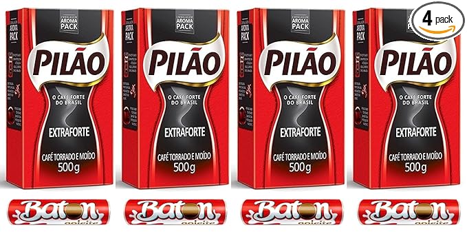 Pilao Extra Strenght Coffee 500g + Baton Milk Chocolate 16g (Pack of 04)